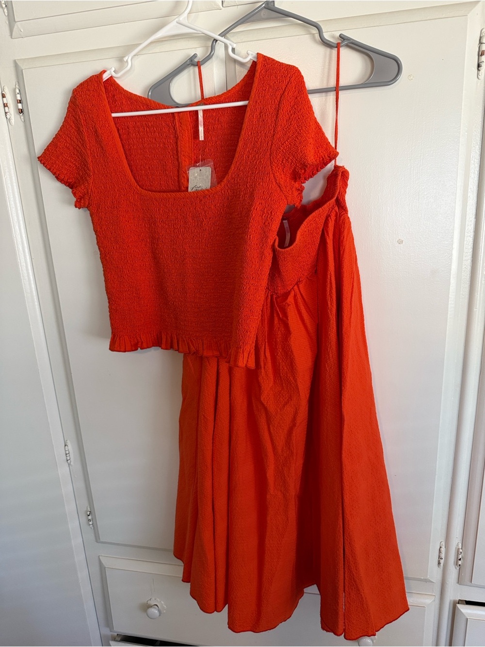 Free People Vibrant Orange Textured Top and matching skirt